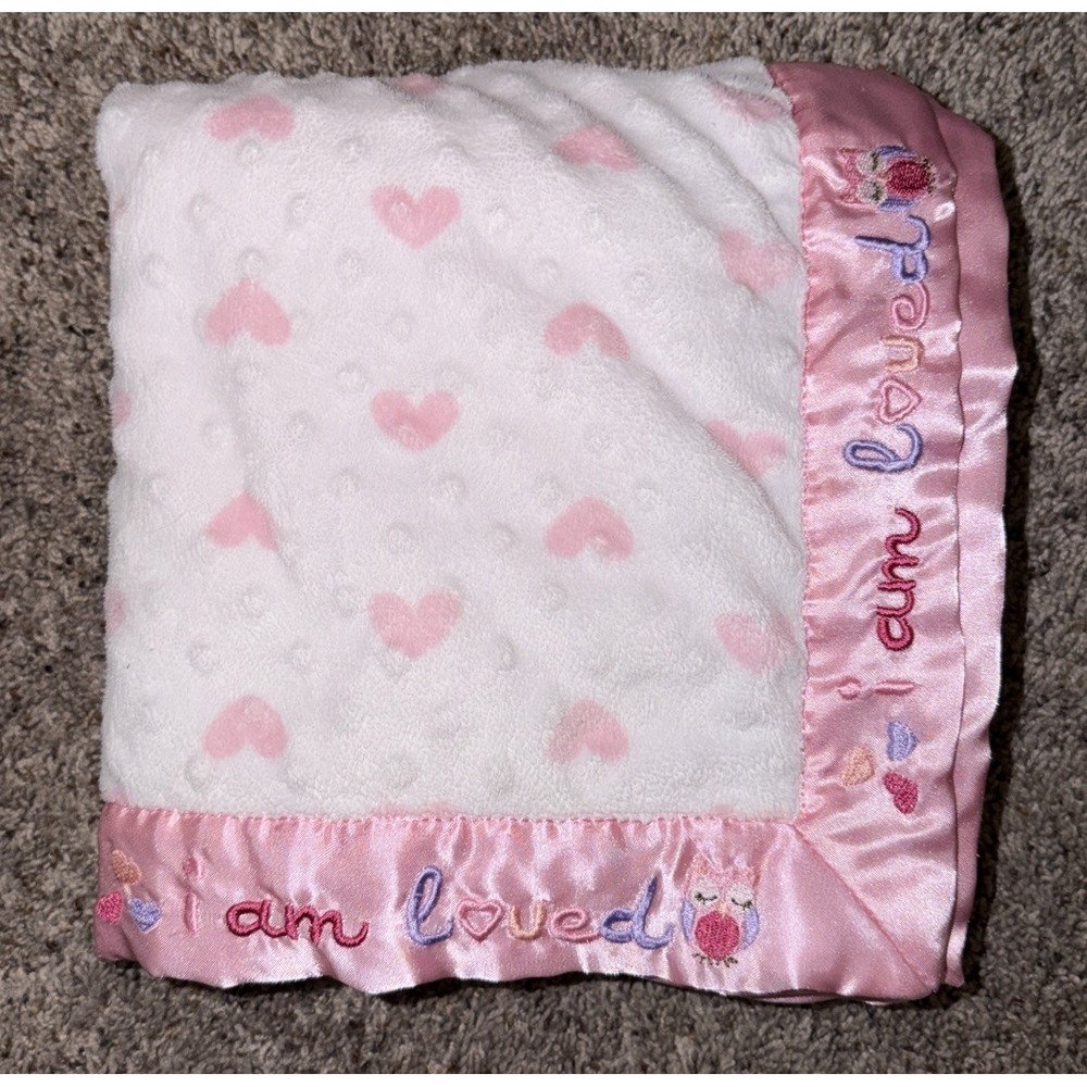 Just Born White Minky Pink Heart Satin Trim Owl  I Am Loved Baby Blanket